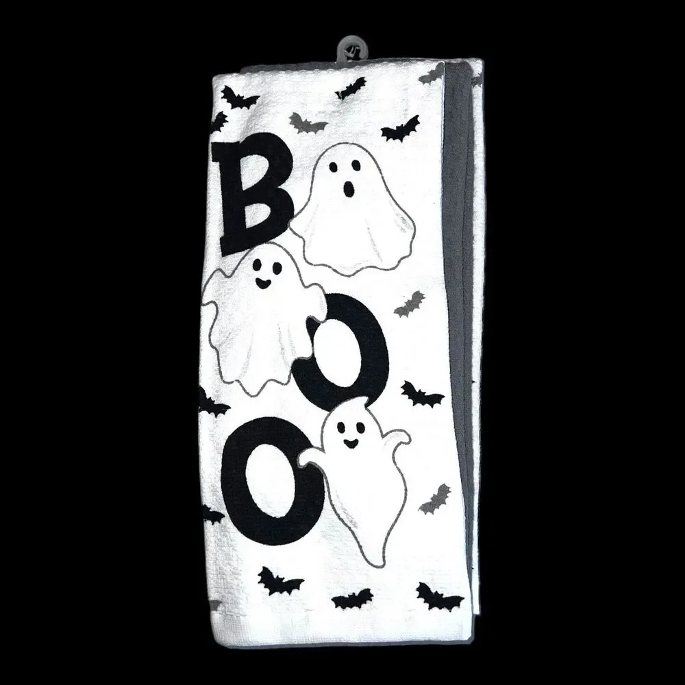 Martha Stewart Set Of 3 Kitchen Towels Halloween BOO GHOSTS 100% Cotton NWT